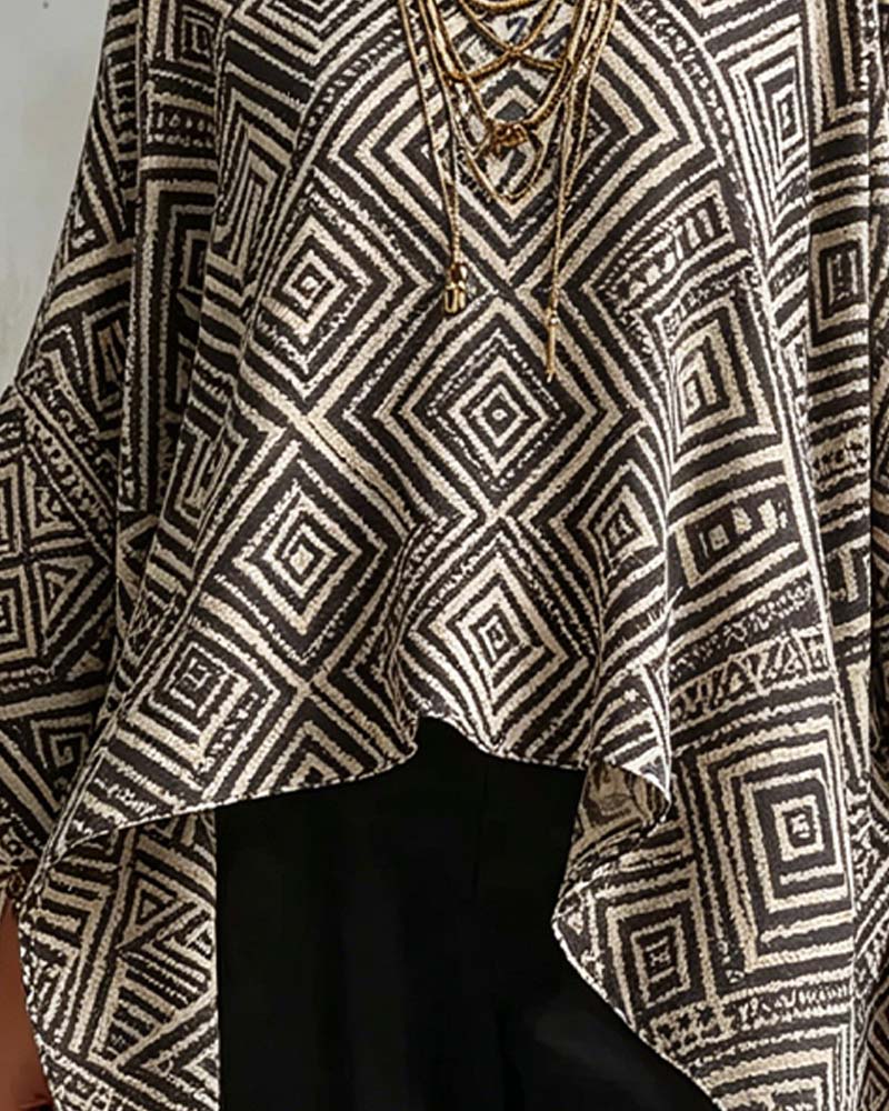 Diamond Pattern Irregular Casual Blouse