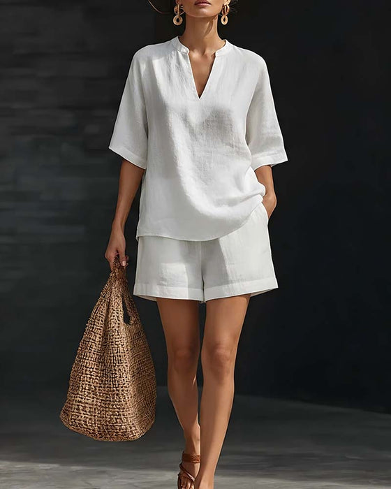 Casual Elbow-Length Sleeve Top and Shorts Set