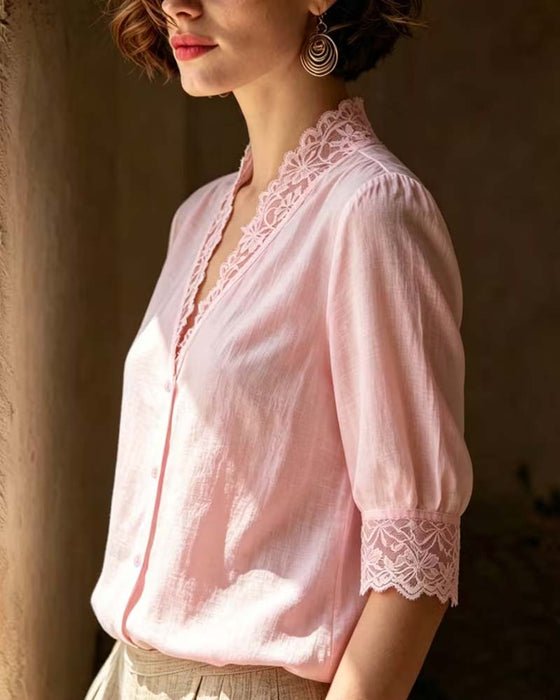 V-Neck Lace Patchwork Solid Three-Quarter Sleeve Blouse