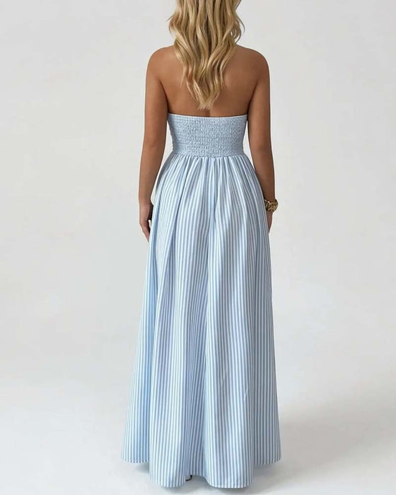Deep V-Neck Spaghetti Strap Stripe Long Dresses