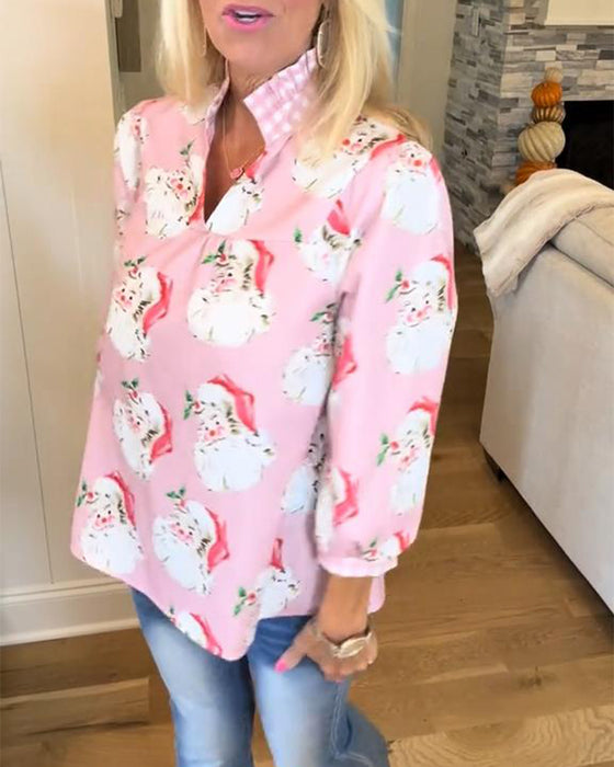 Santa Claus Print V-Neck Shirt