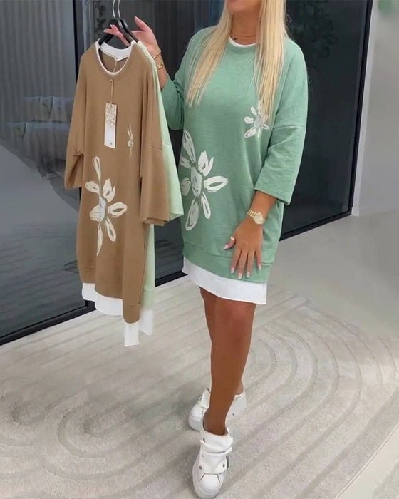 Crew Neck Printed Patchwork Sweatshirt Dress