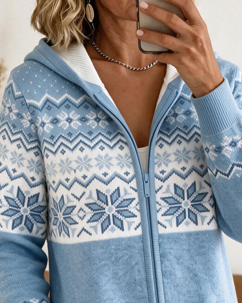 Hooded Zip Snowflake Print Cardigan