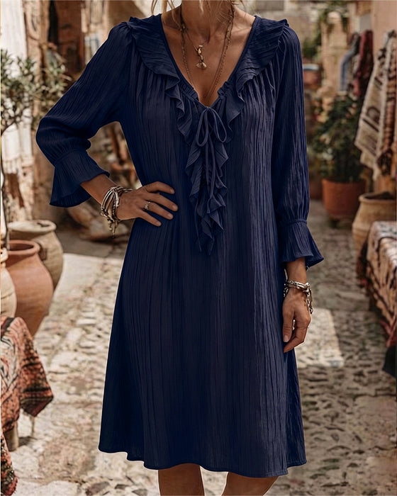 Ruffle Collar Tie Three Quarter Sleeve Dress