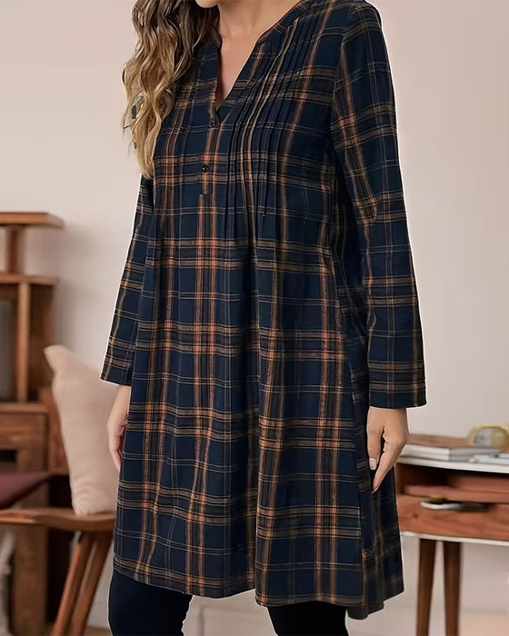 Plaid Long Sleeve A-Line Dress
