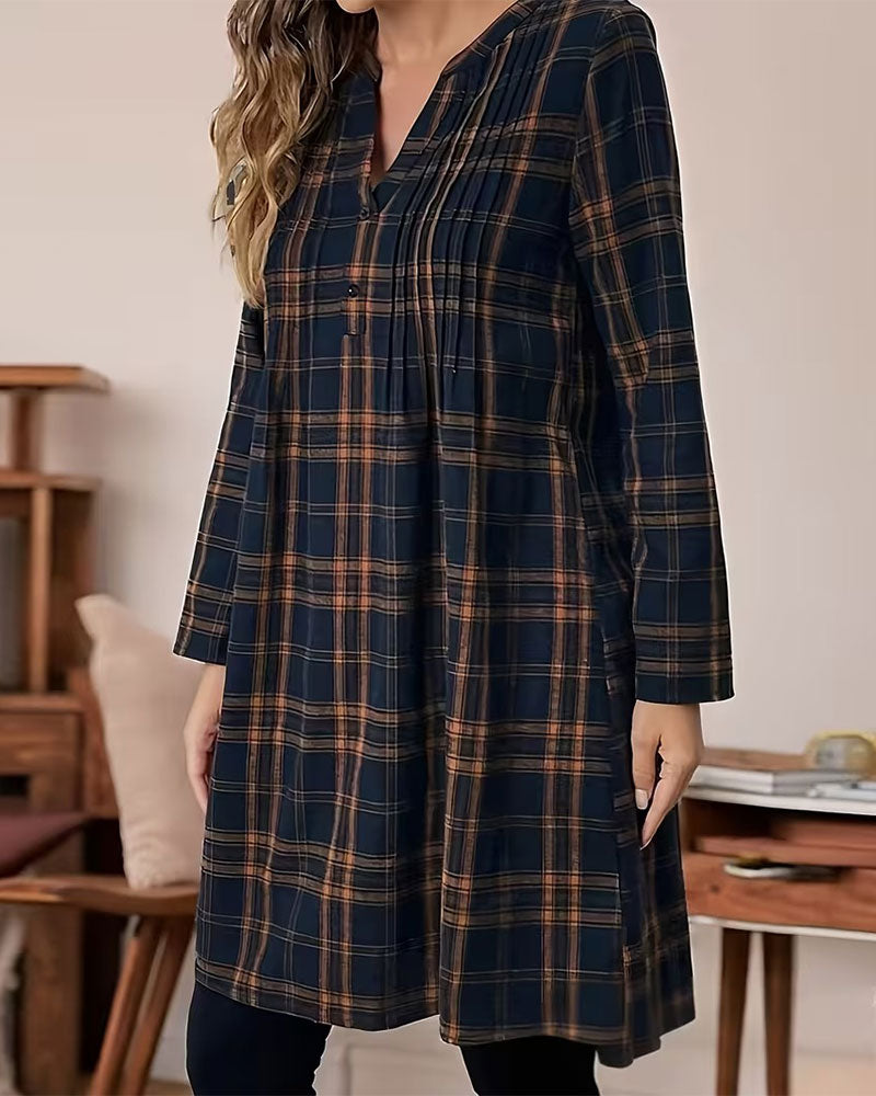 Plaid Long Sleeve A-Line Dress