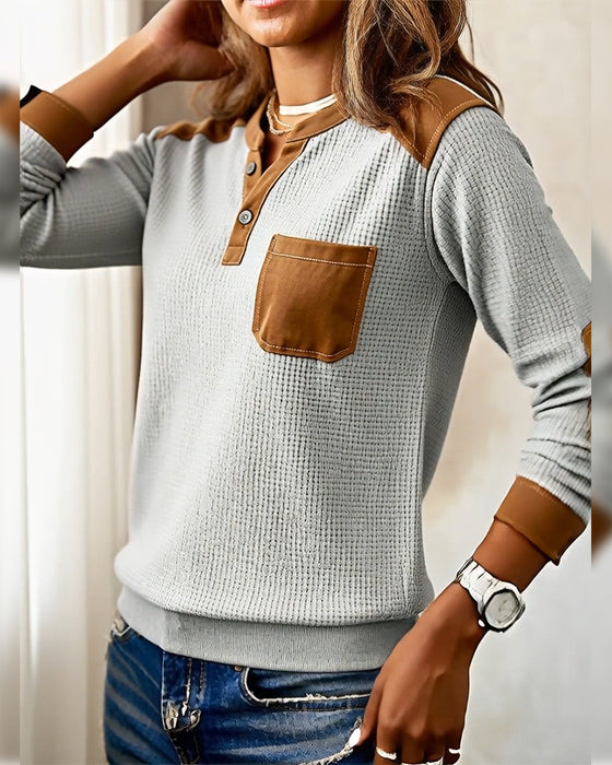 Contrast Color Open Button Pockets Sweatshirt