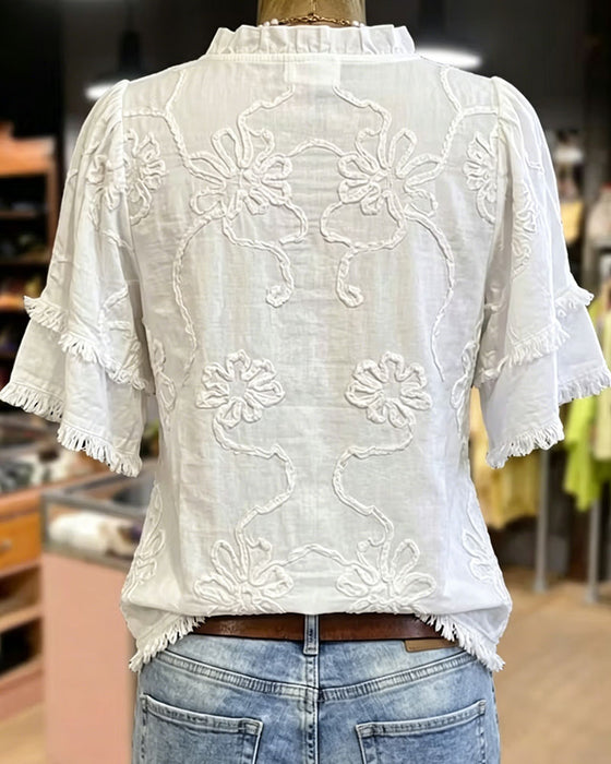 Fringed Hem Puff Sleeve Blouse