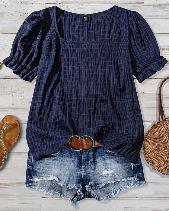 Puff-Sleeve Plaid Blouse