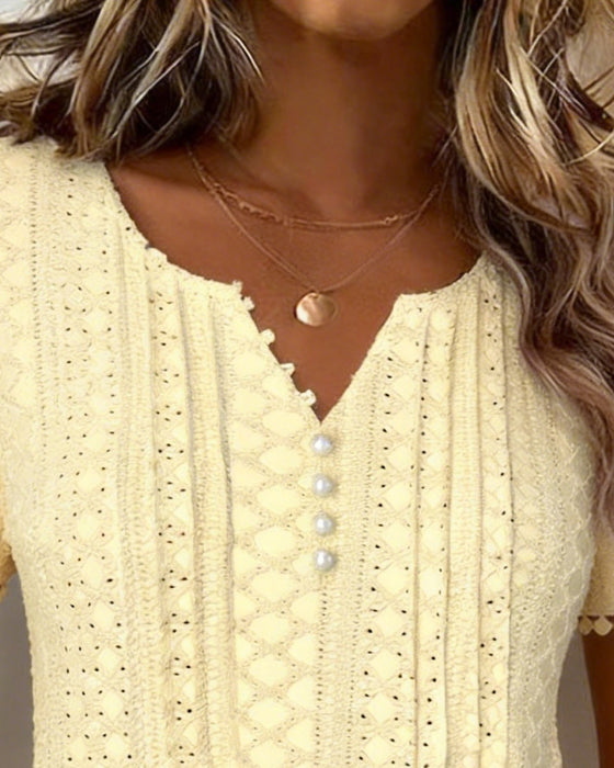 V-Neck Pearl-Button Lace Blouse