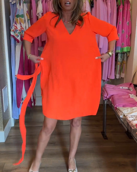 Midi Sleeve Solid Color Dress with Belt