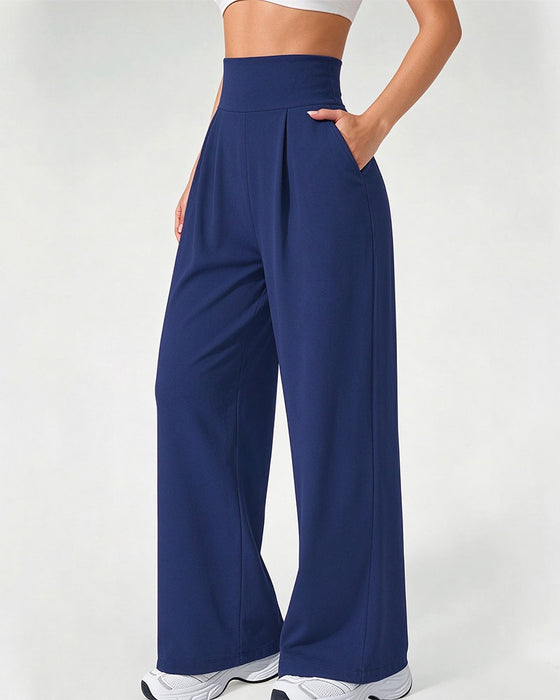 High Waist Pocket Solid Color Wide Leg Pants