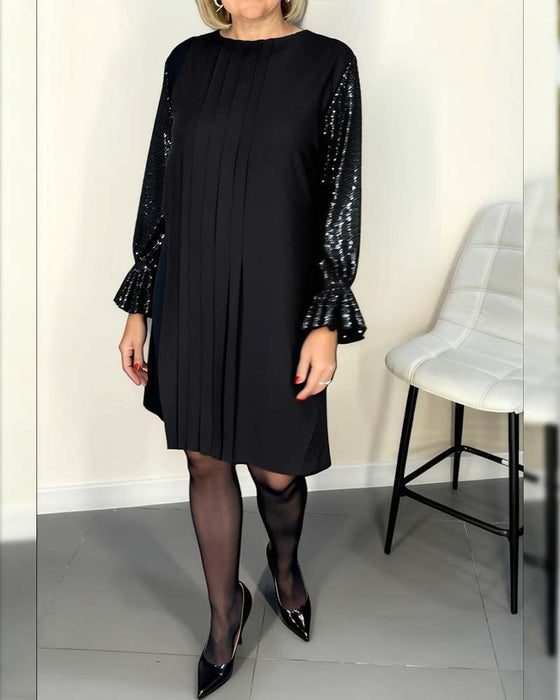 Solid Color Flared Sleeve Pleated Dress