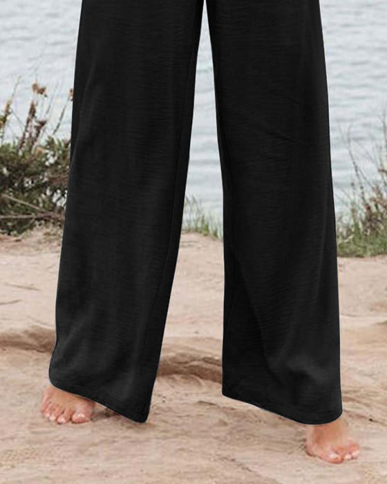 Button Elastic Waist Wide-Leg Pants