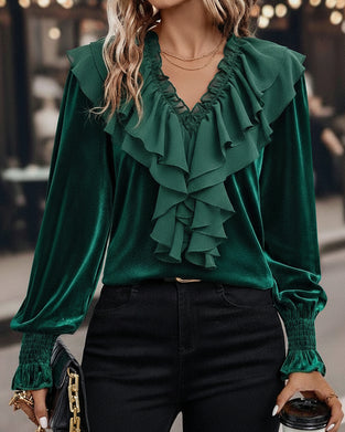 Ruffled V-Neck Long-Sleeved Velvet Top