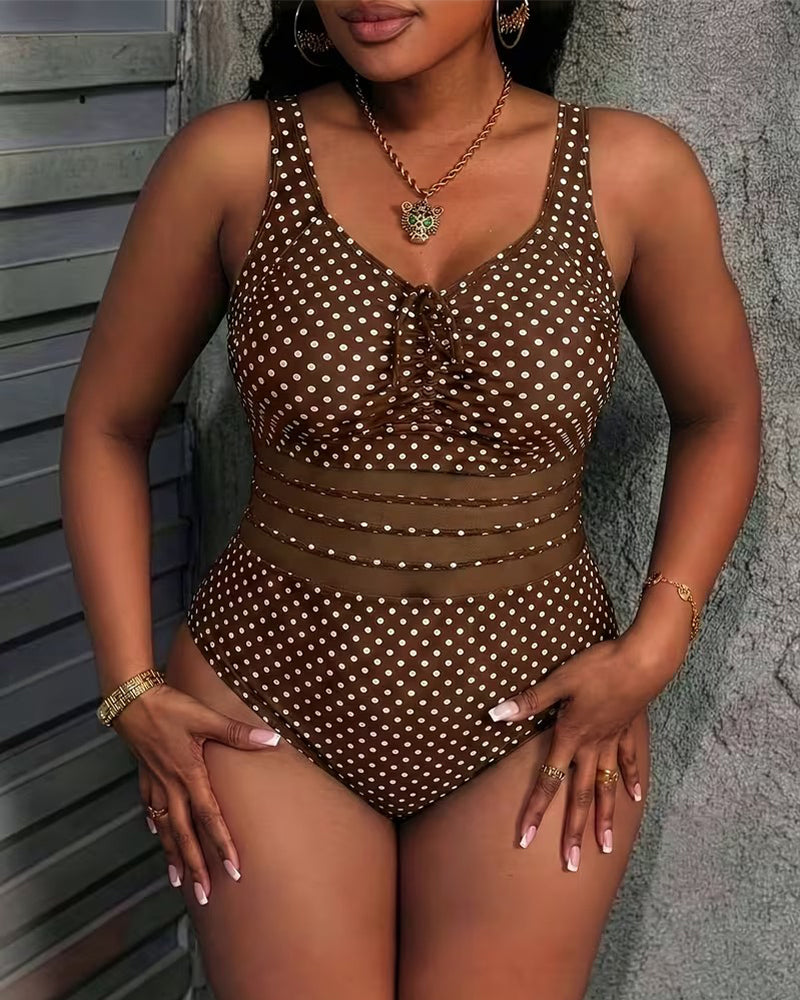 Lace-Up Polka-Dot Mesh One-Piece