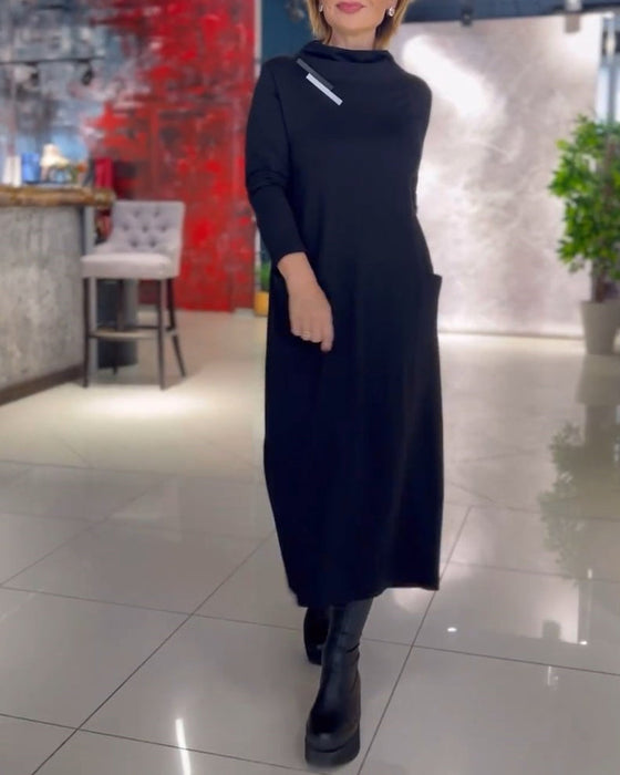 Solid Color Crew Neck Dress with Pocket