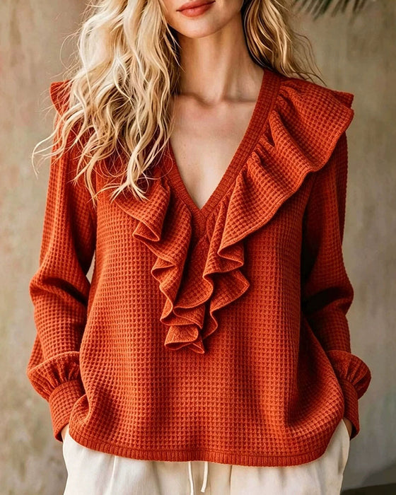 Waffle Knit V-Neck Ruffle Blouse