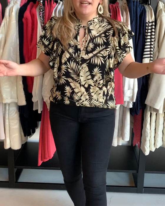Leaf print ruffle sleeve blouse