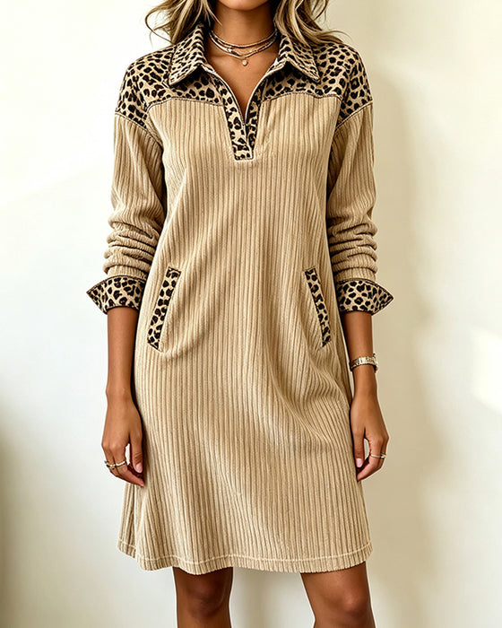 Corduroy Leopard Print Patchwork Lapel Shift Dress