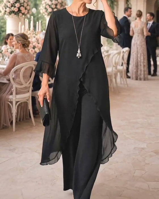 Crew Neck Ruffle Slit Long Blouse