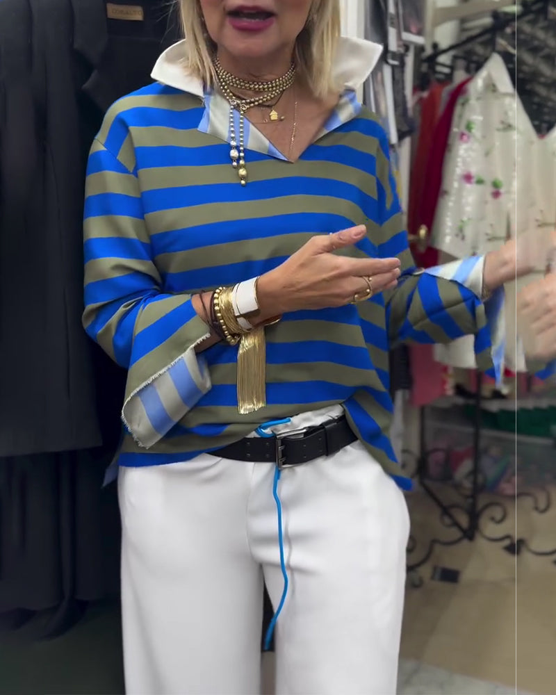 Stylish Lapel Striped Blouse