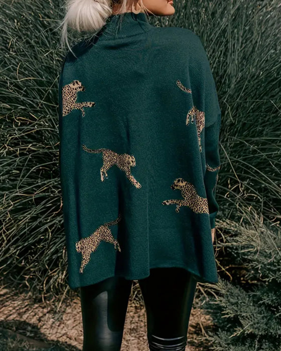 High-Neck Loose Leopard Jumper
