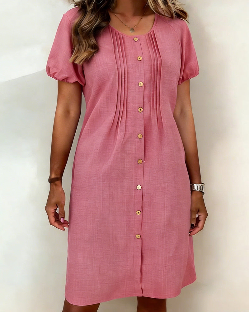 Buttoned Pleated Puff Sleeve Dress
