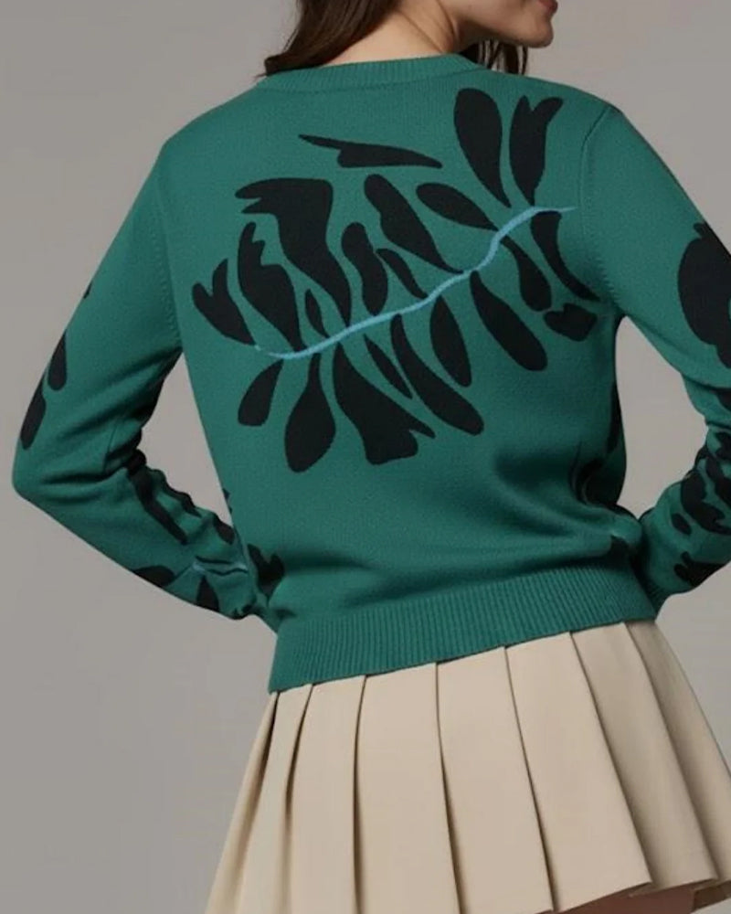 Women's Colorblock Crochet Knit Sweater, Long Sleeve Crewneck Loose Fit Pullover Top, Boho Vintage Cotton Knitwear