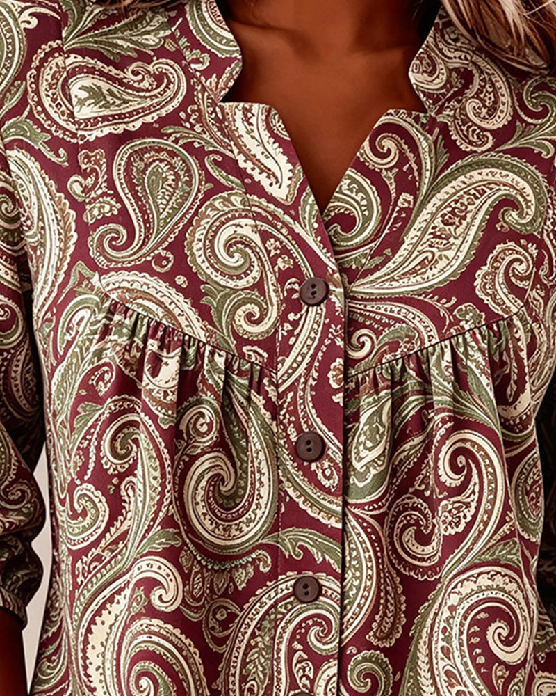 V-Neck Buttoned Shirred Printed Top