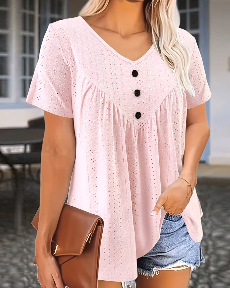 Casual Hollowed-Out V-Neck Short-Sleeve T-shirt