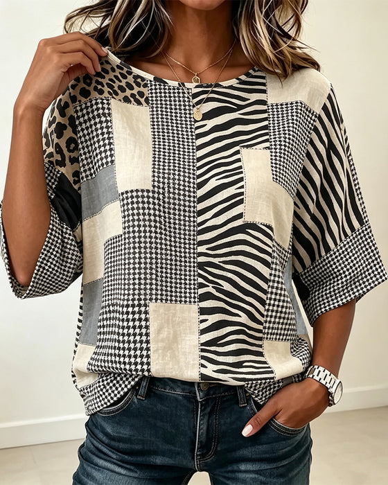 Crewneck Patchwork Plaid Leopard Blouse