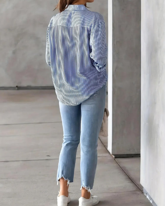 Striped Pocket Long Sleeve Loose Shirt