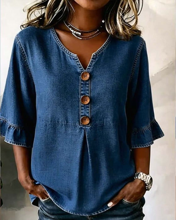 V-Neck Flared Sleeve Denim Blouse