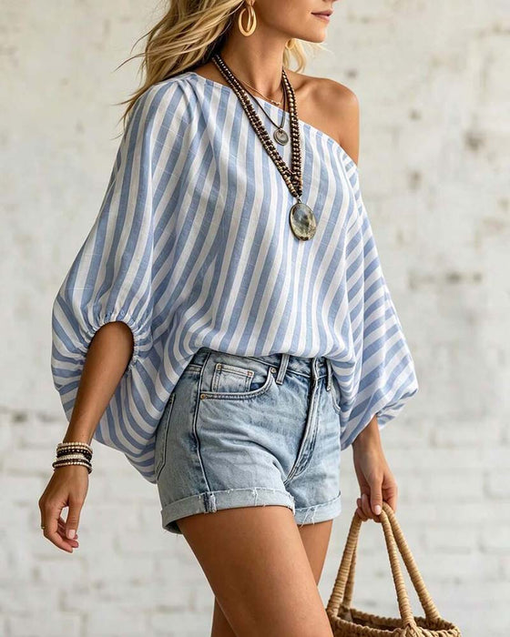 Asymmetric Neck Stripe Puff Sleeve Blouse