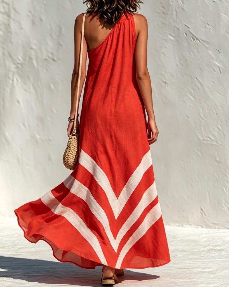 One-Shoulder Striped Color Block Full Skirt Dress