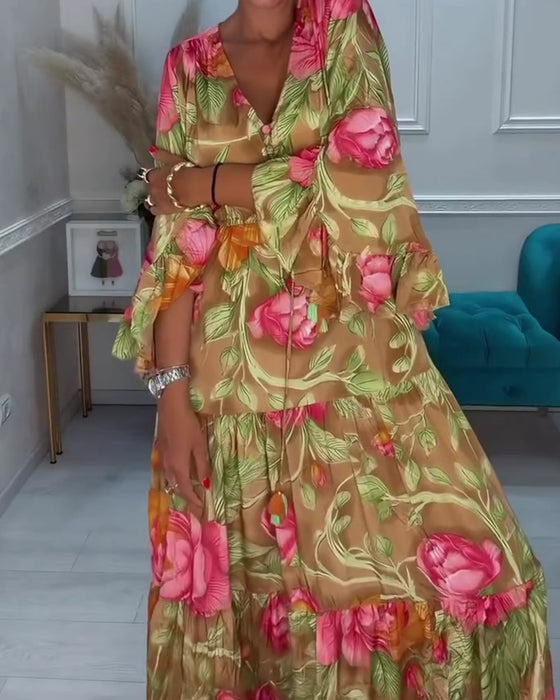 V-Neck Full Skirt Floral Dress