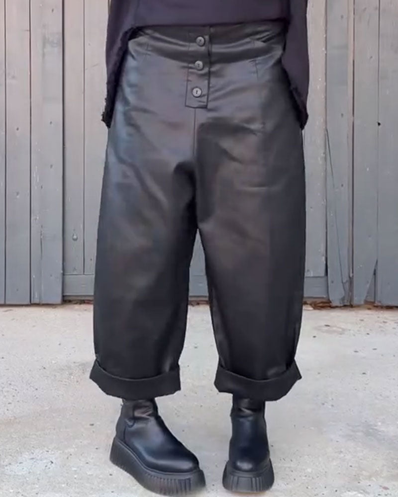 High Waist Wide Leg Rolled Hem Pants