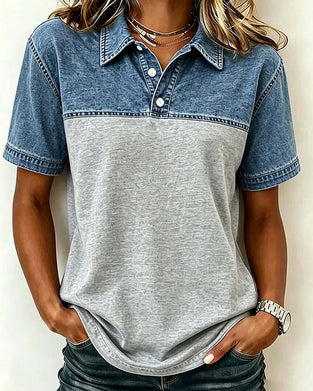 Short Sleeve Shirt Collar Denim Patchwork Blouse