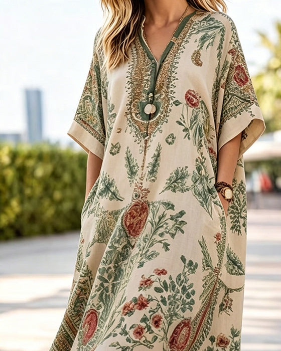 Vintage Print Ethnic Long Robe Dress