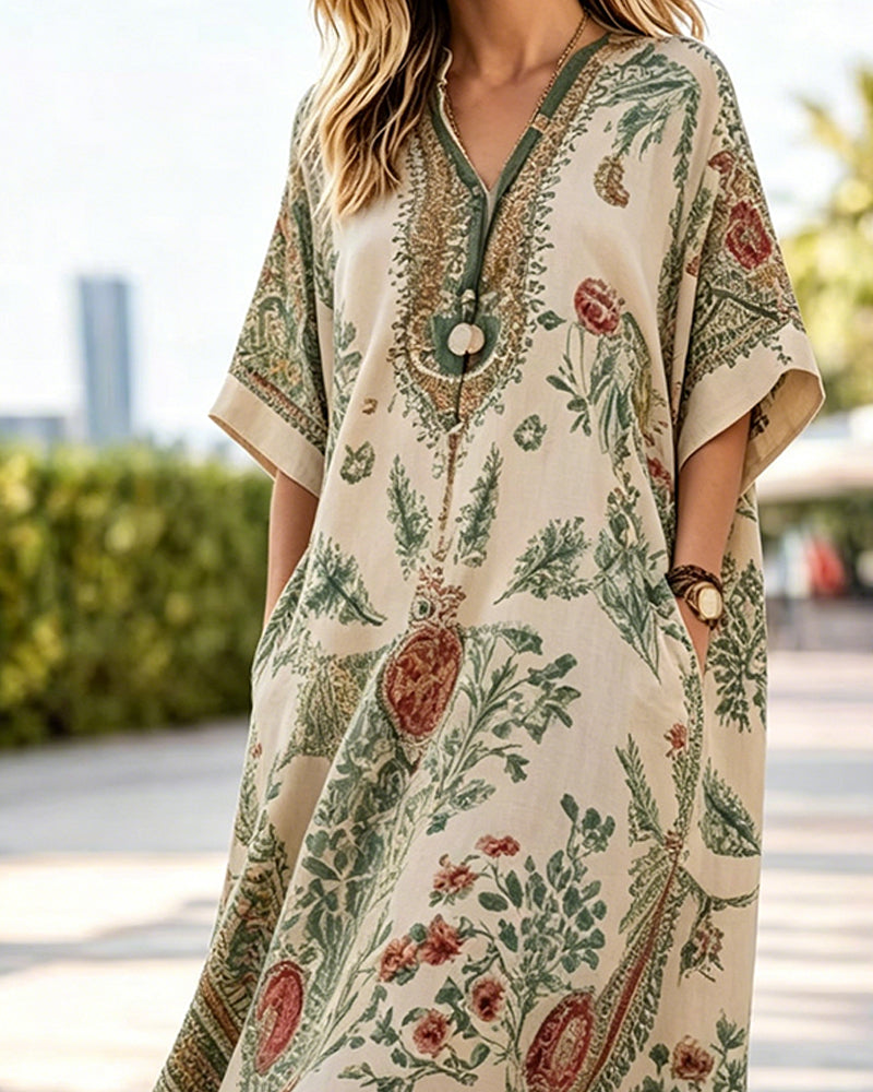 Vintage Print Ethnic Long Robe Dress