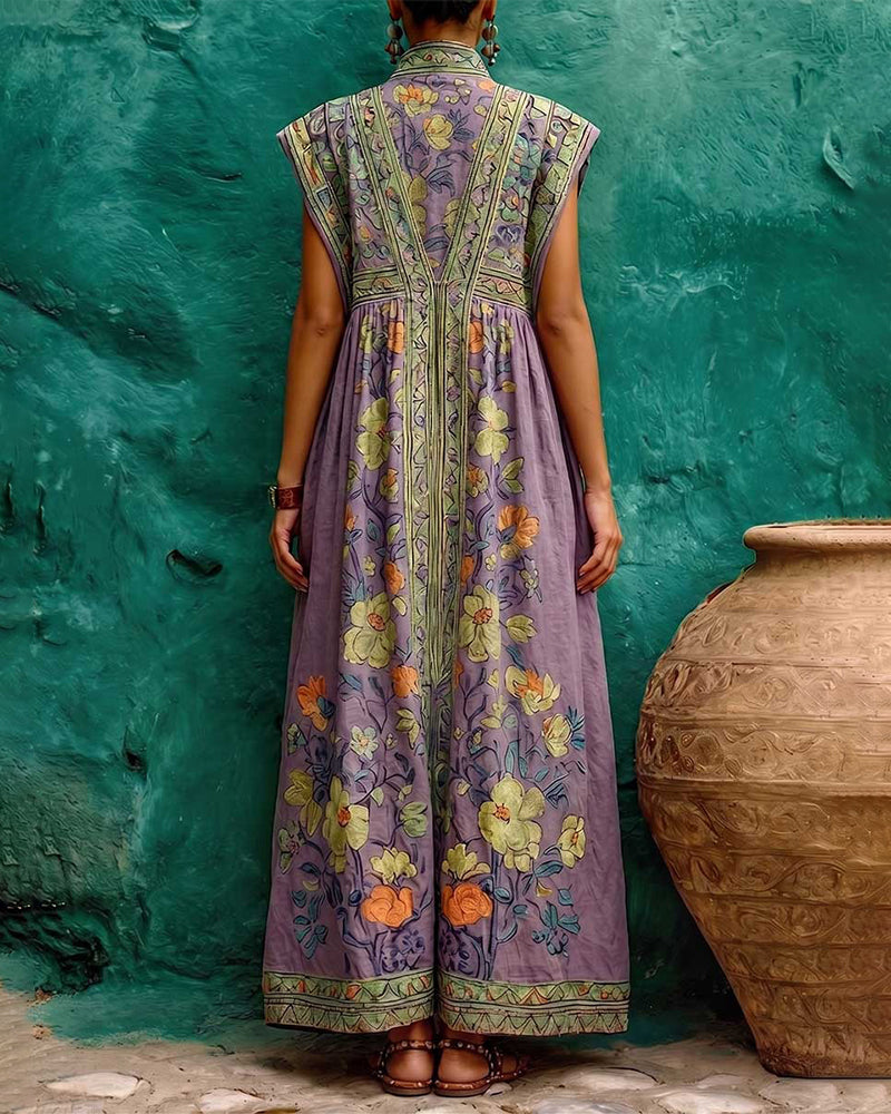 Retro Print Pocket Sleeveless Long Dress