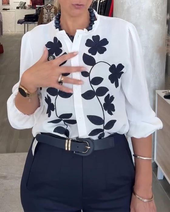 Stylish Floral Print Ruffle Blouse