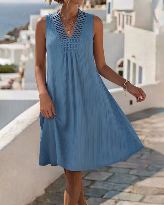 V-Neck Striped Ruched Solid Sleeveless Dress