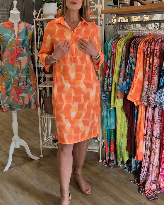 Three-Quarter Sleeve Collared Geometric Print Dress