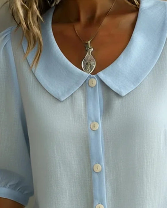 Cotton Mid-Sleeve Peter Pan Collar Shirt