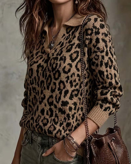 Lapel Leopard V-Neck Pullover