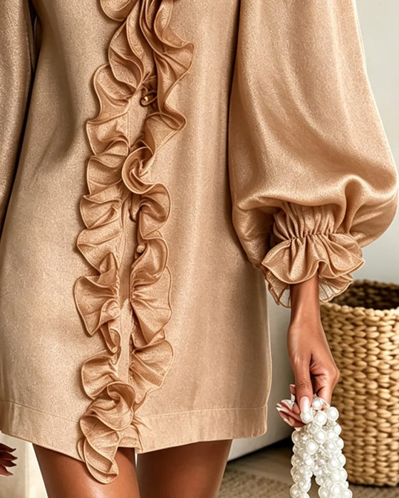 Puff-Sleeve Ruffle-Trim V-Neck Dress