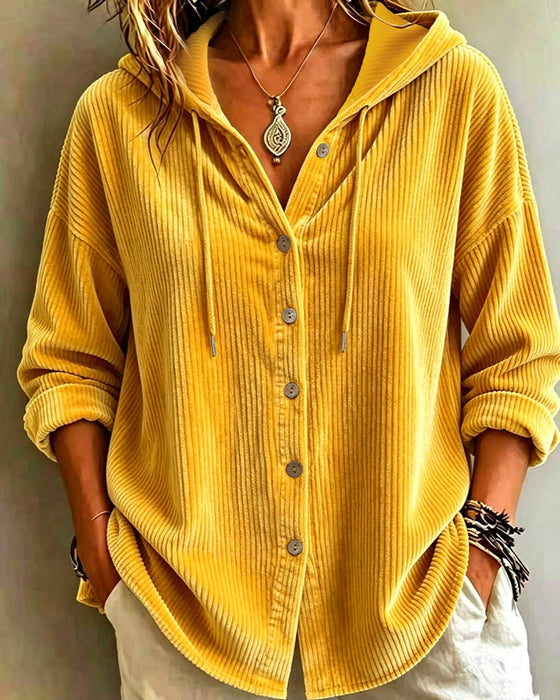 Hooded Striped Button Drawstring Coat