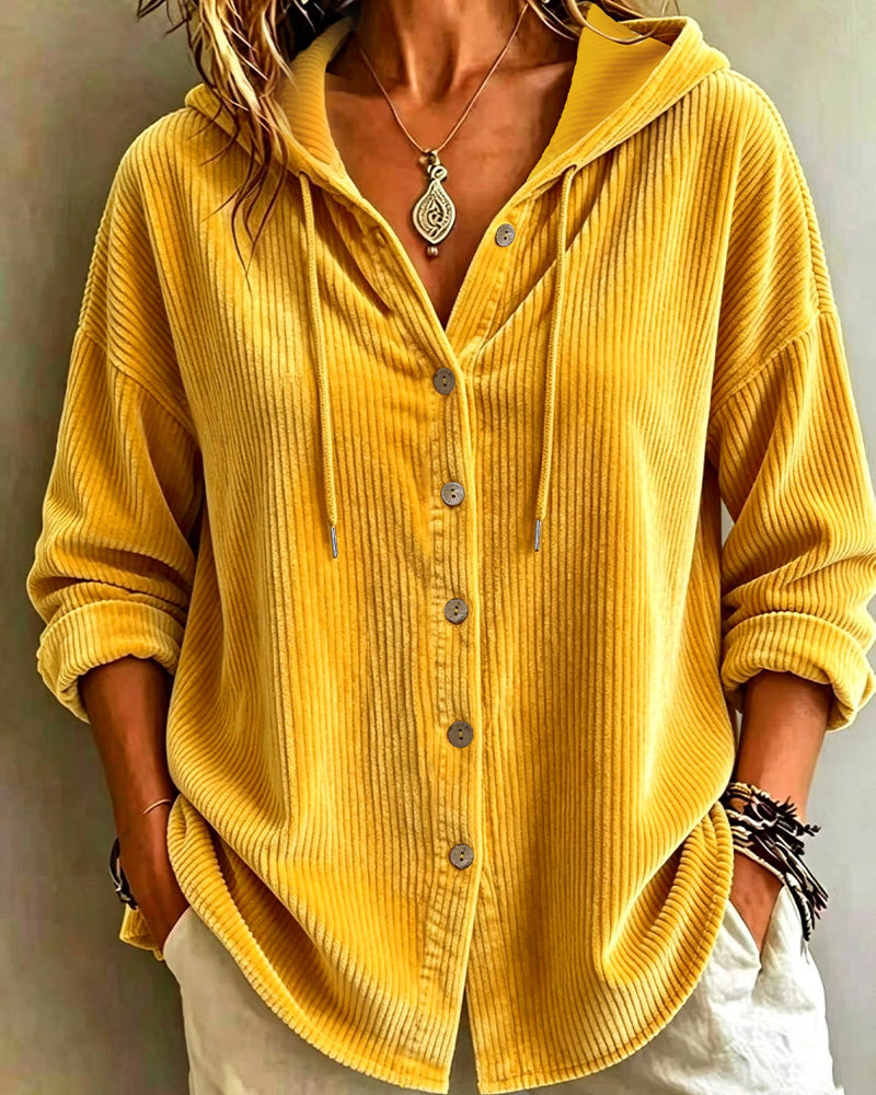 Hooded Striped Button Drawstring Coat